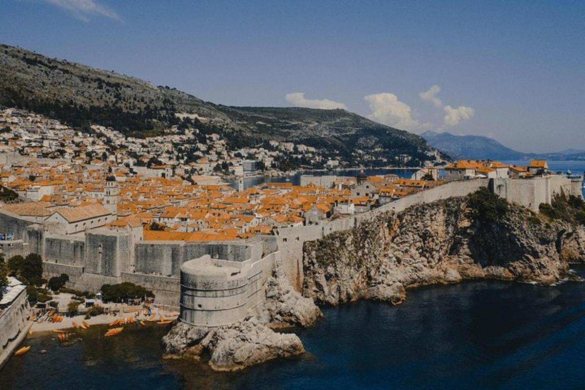 an aerial view of a city with buildings and water