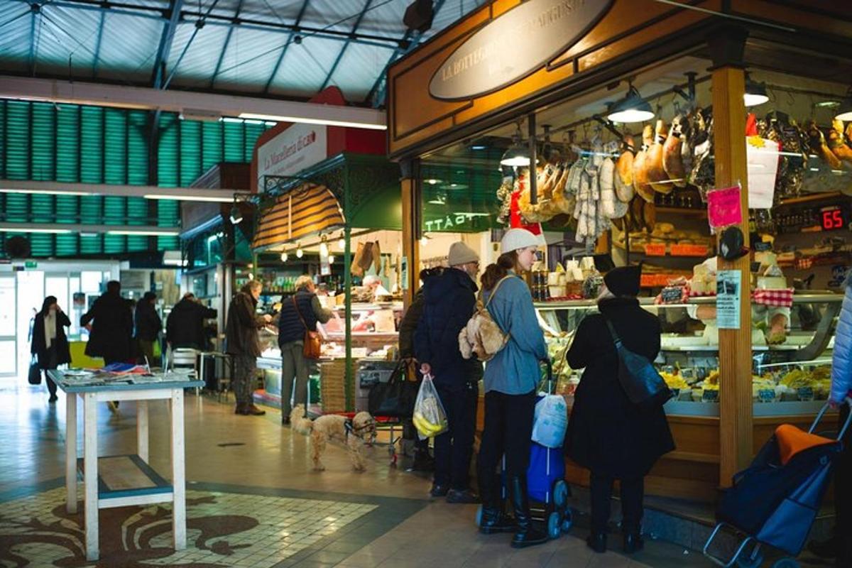 a group of people standing in front of a market