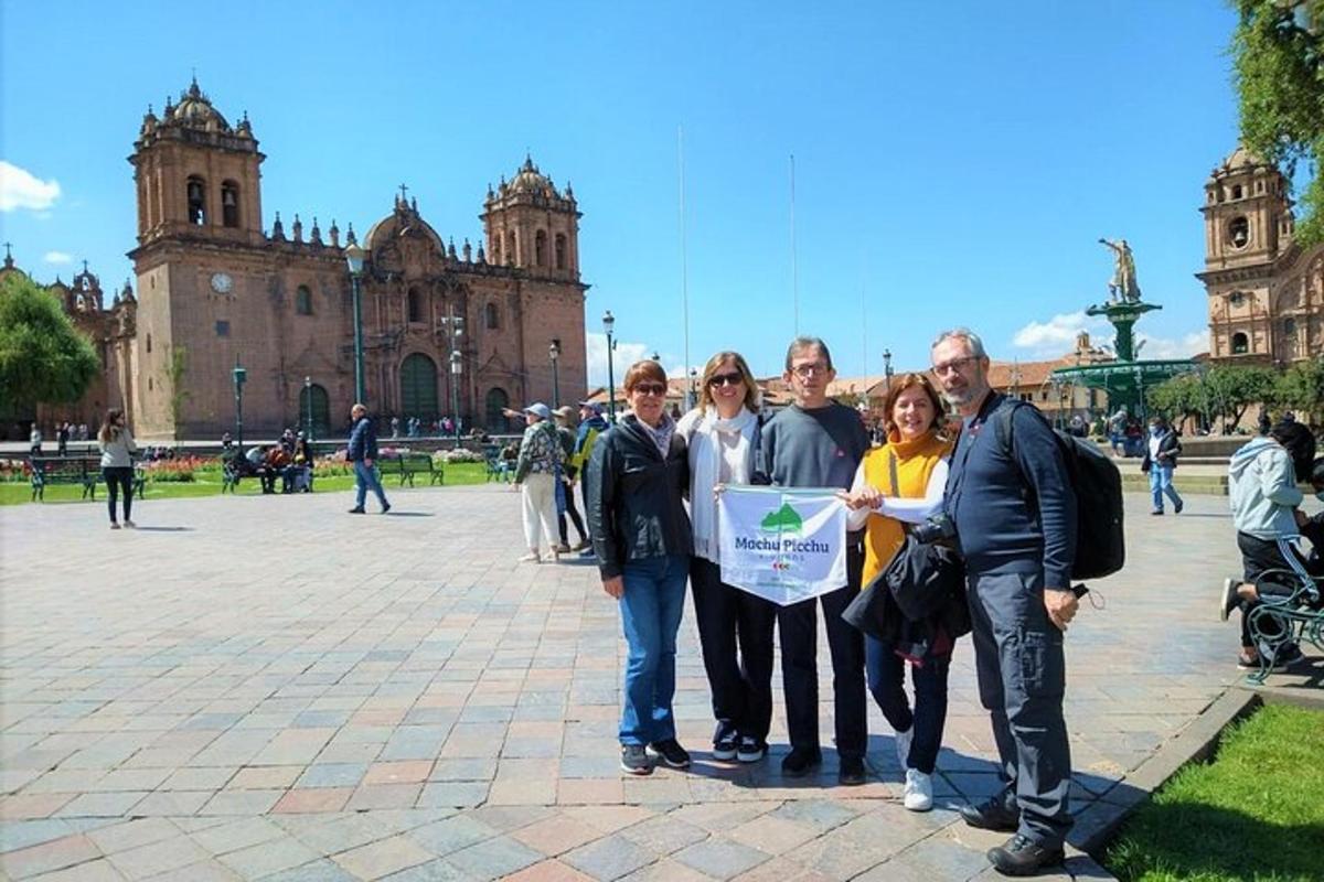 a group of people standing in front of a building