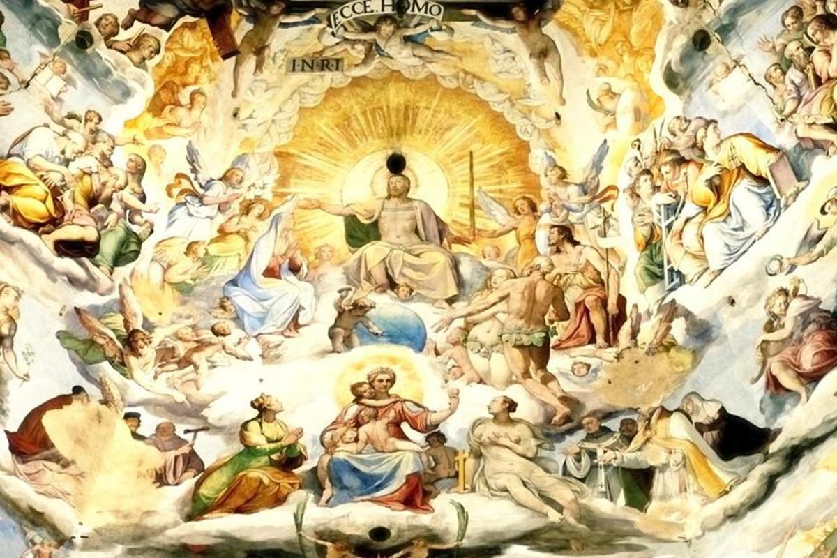 une fresque murale représentant une peinture au plafond d'un bâtiment