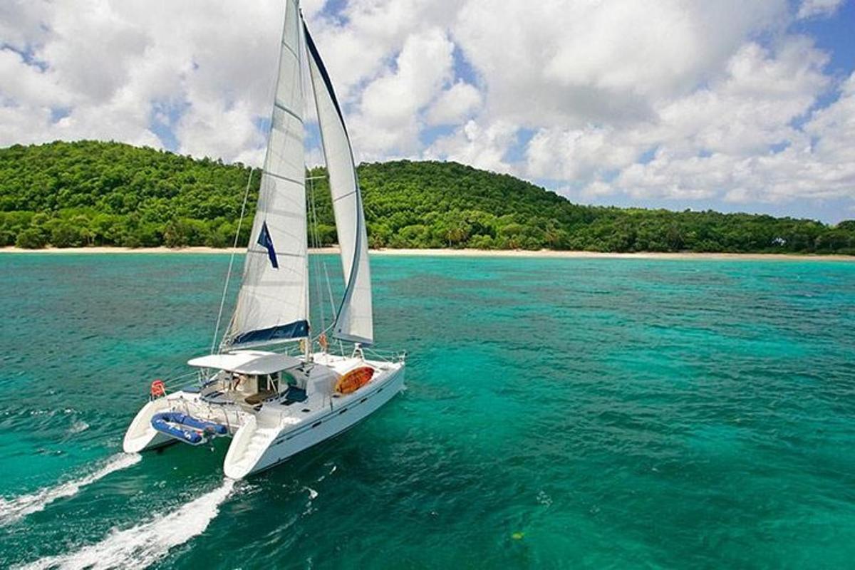 Un velero blanco en el agua cerca de una playa
