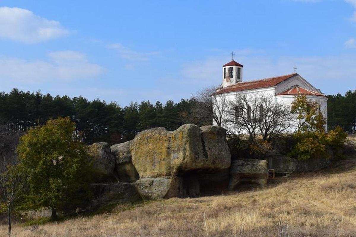 una grande roccia in un campo accanto a un edificio