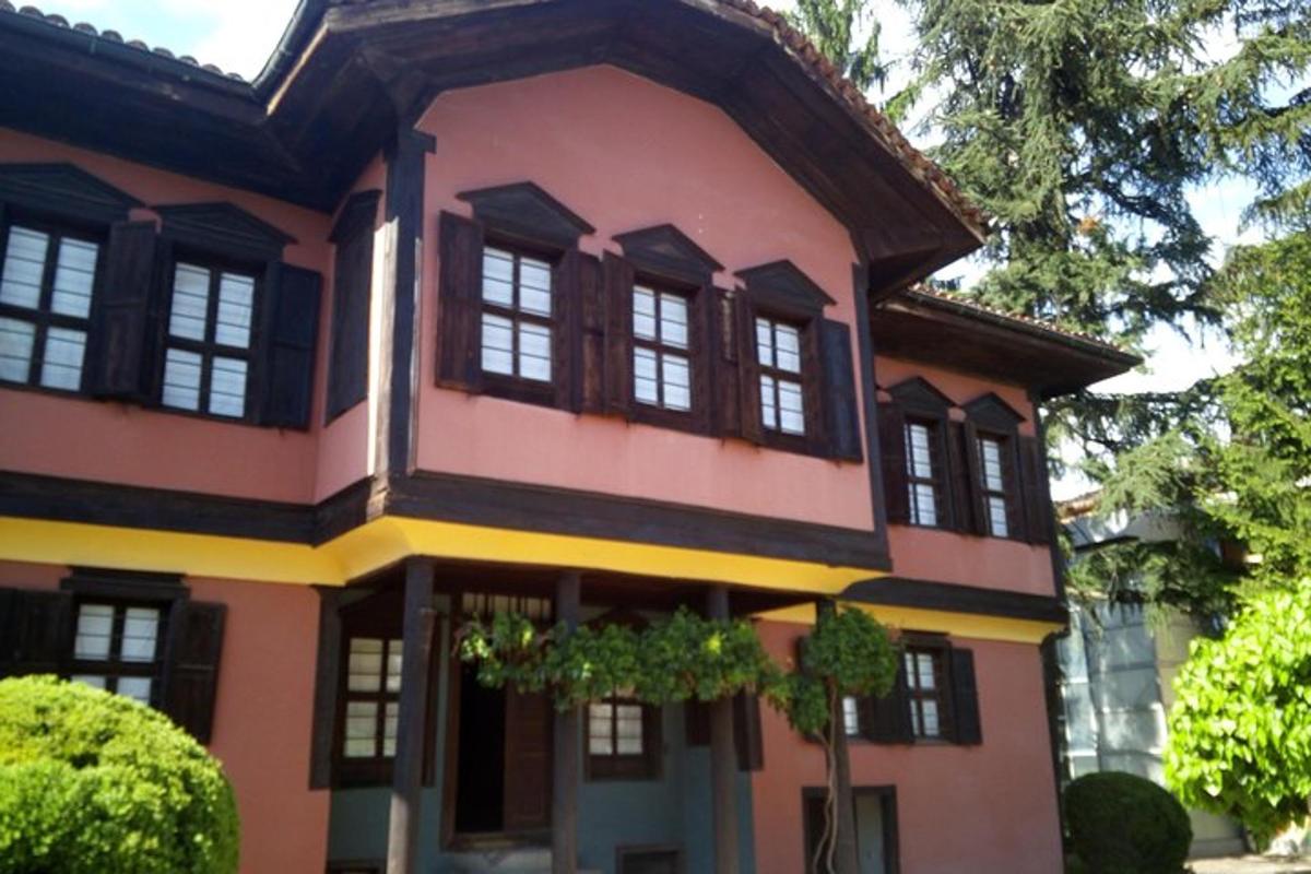 roza hiša s črnimi okni in drevesi
