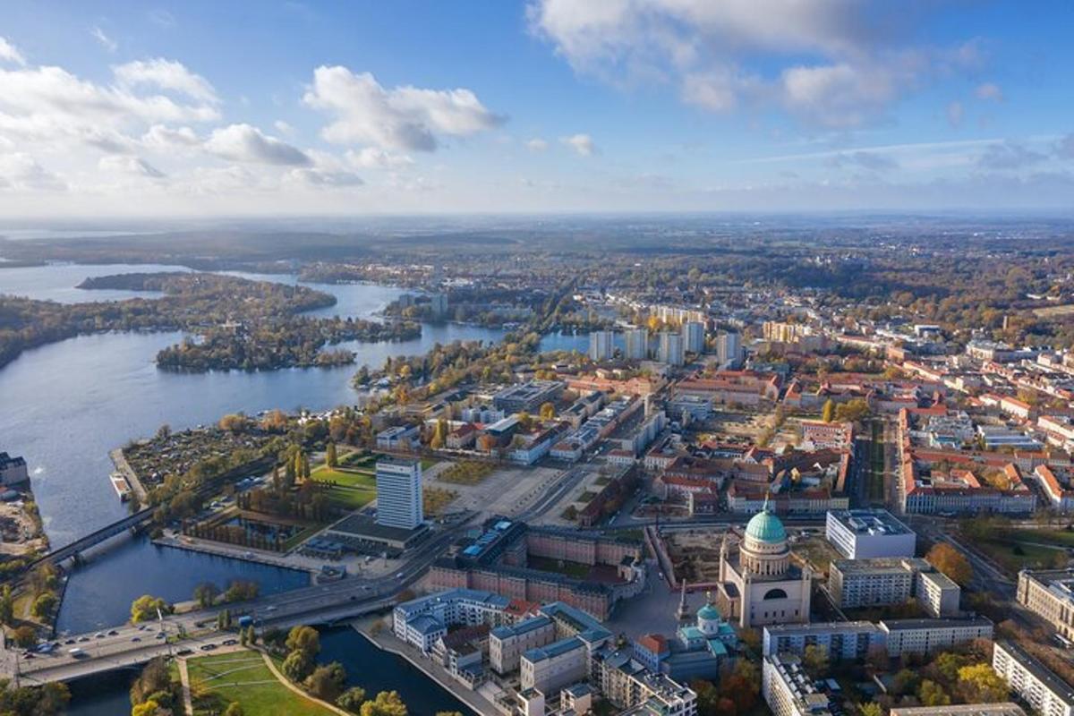 an aerial view of a city and a river