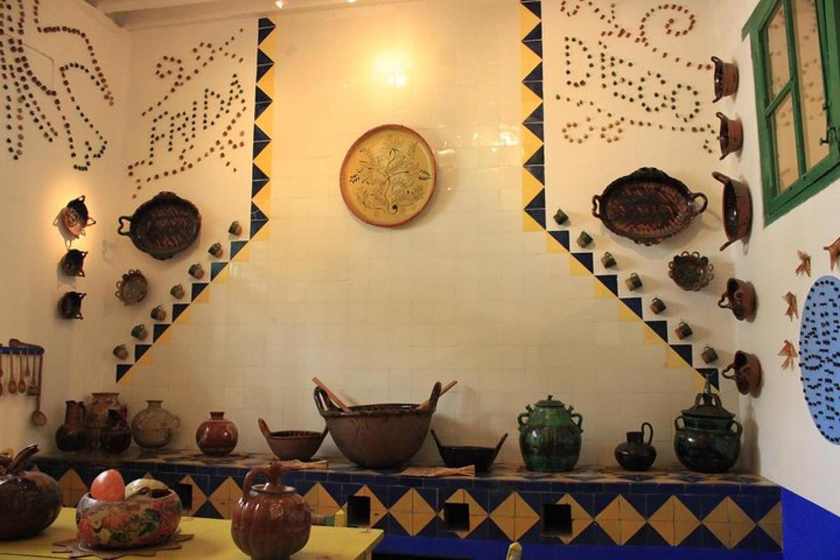 a room filled with lots of vases and a clock on the wall