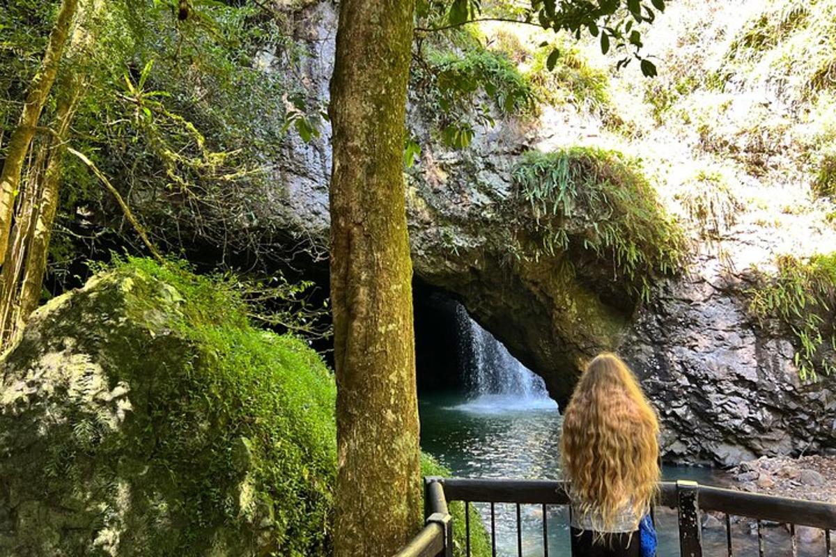 a woman is standing in front of a waterfall
