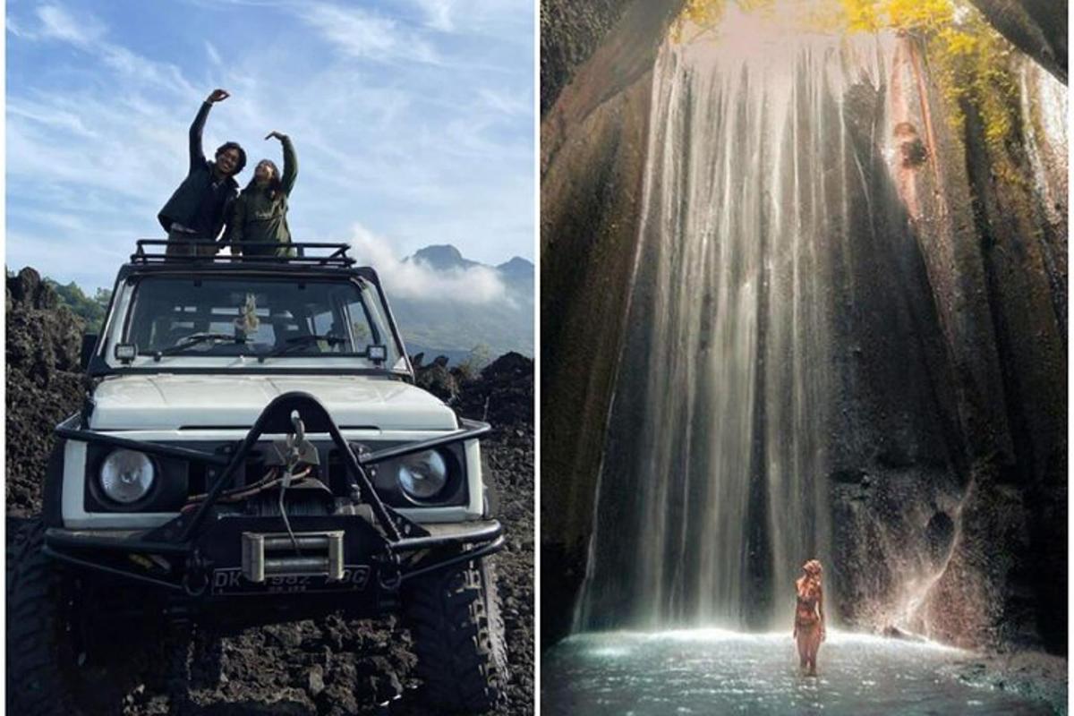a group of people standing in the water near a waterfall