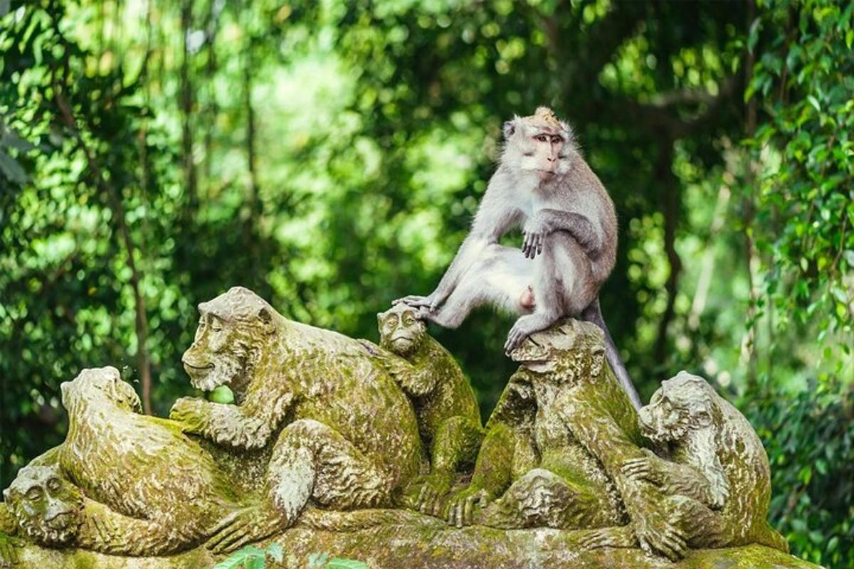 a monkey sitting on top of a statue