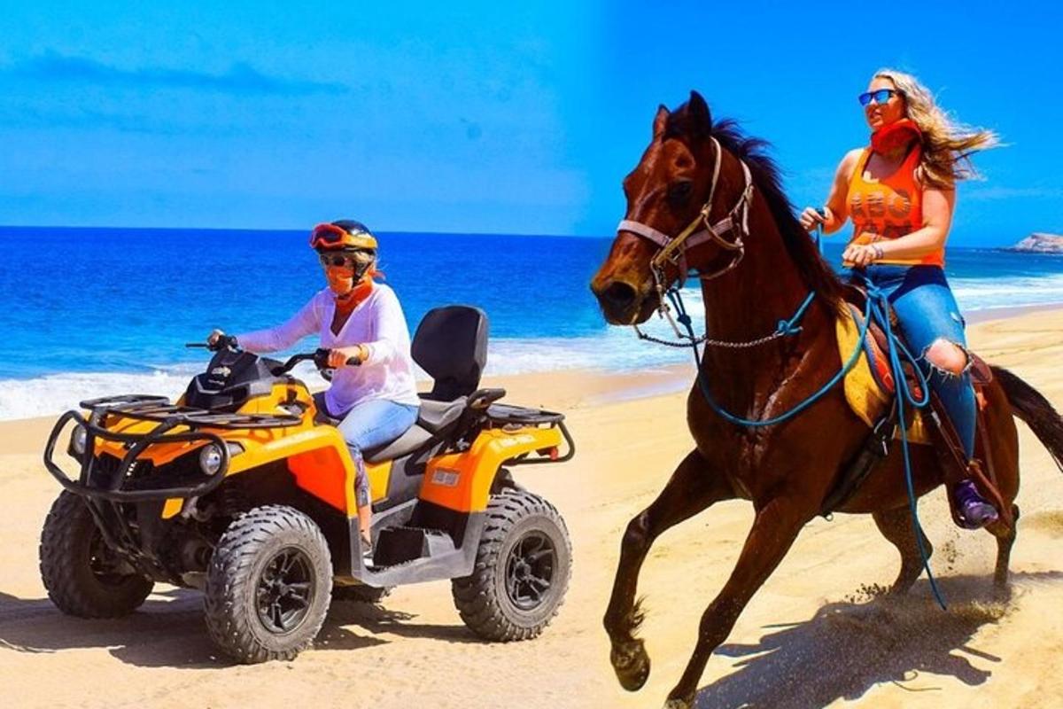 kaks inimest ATV-l ja hobune rannas