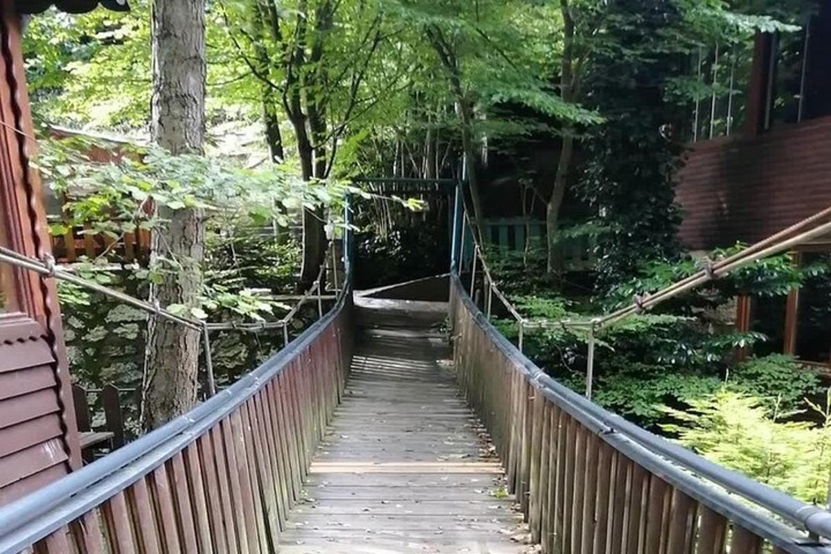 a wooden walkway leading up to a house with trees