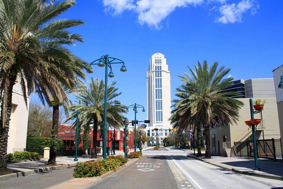 a street with palm trees and a tall building