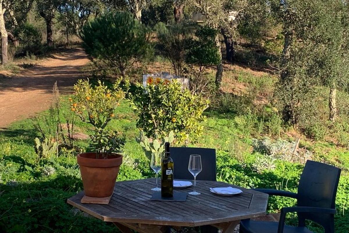un tavolo di legno con una bottiglia di vino e un bicchiere