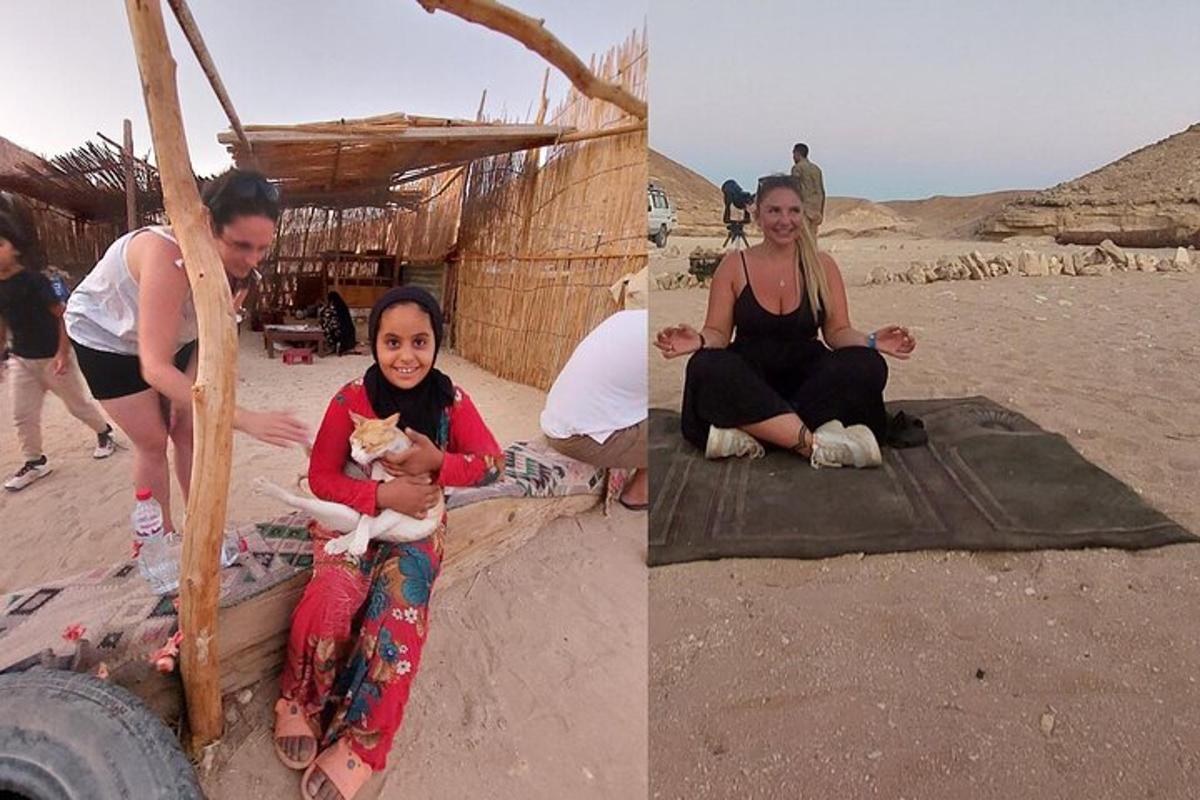 Dos fotografías de dos mujeres y una mujer sosteniendo un gato.