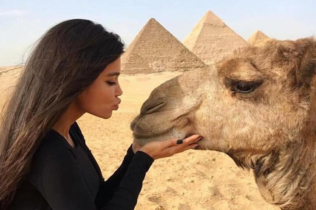 uma mulher acariciando um camelo em frente às pirâmides