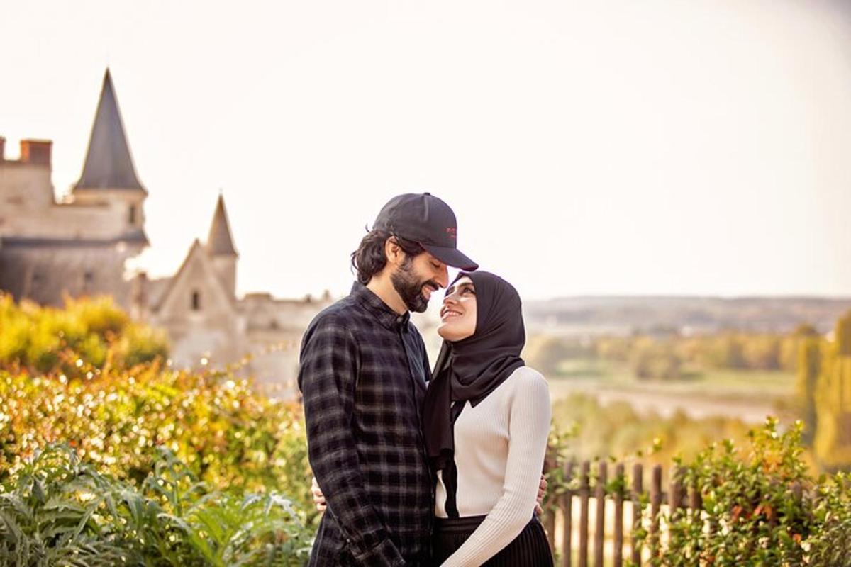 a man and a woman standing in front of a castle