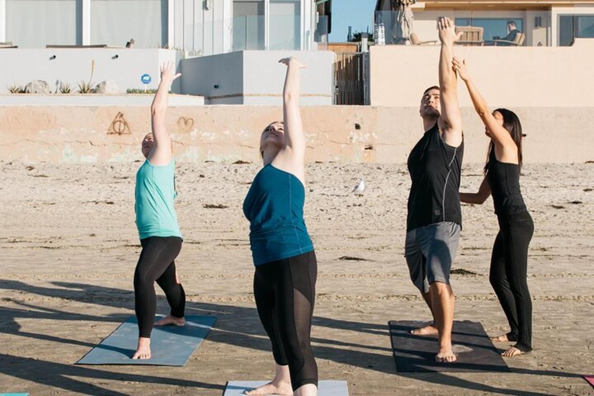 a group of people doing yoga on the beach