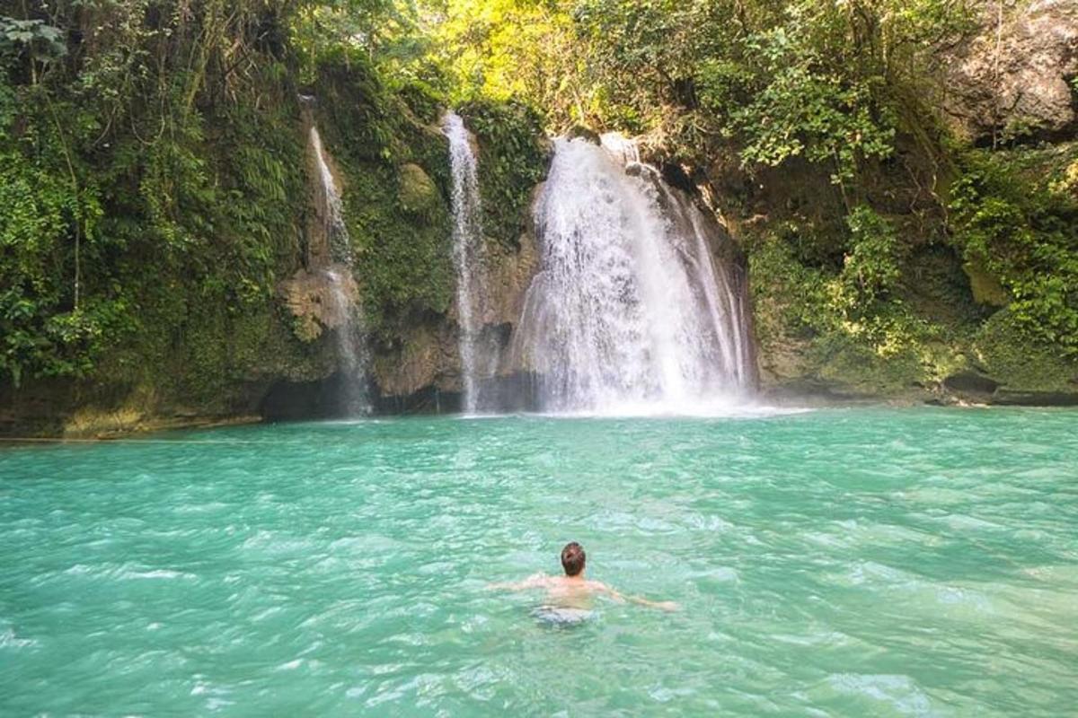 un uomo che nuota in una piscina di fronte a una cascata