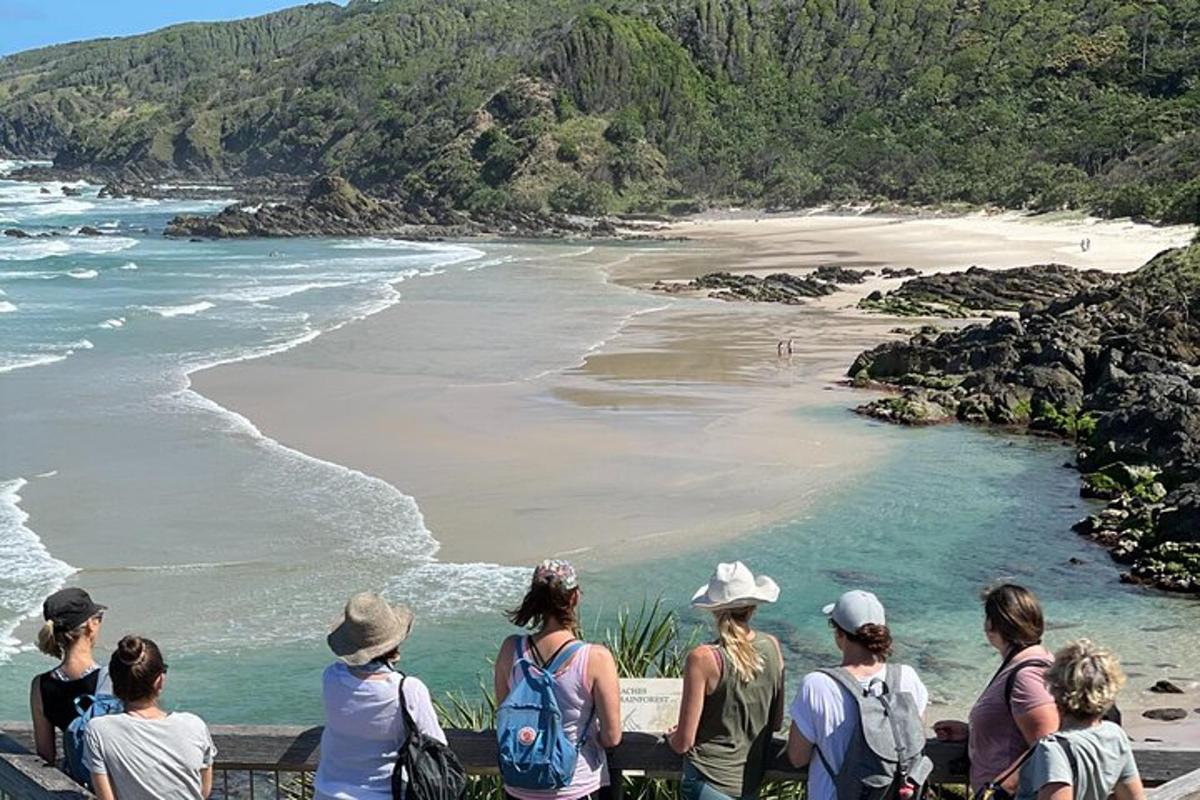 a group of people looking at the beach