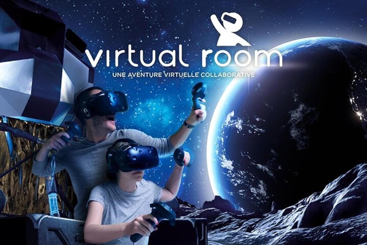 a man and a child wearing virtual reality headsets