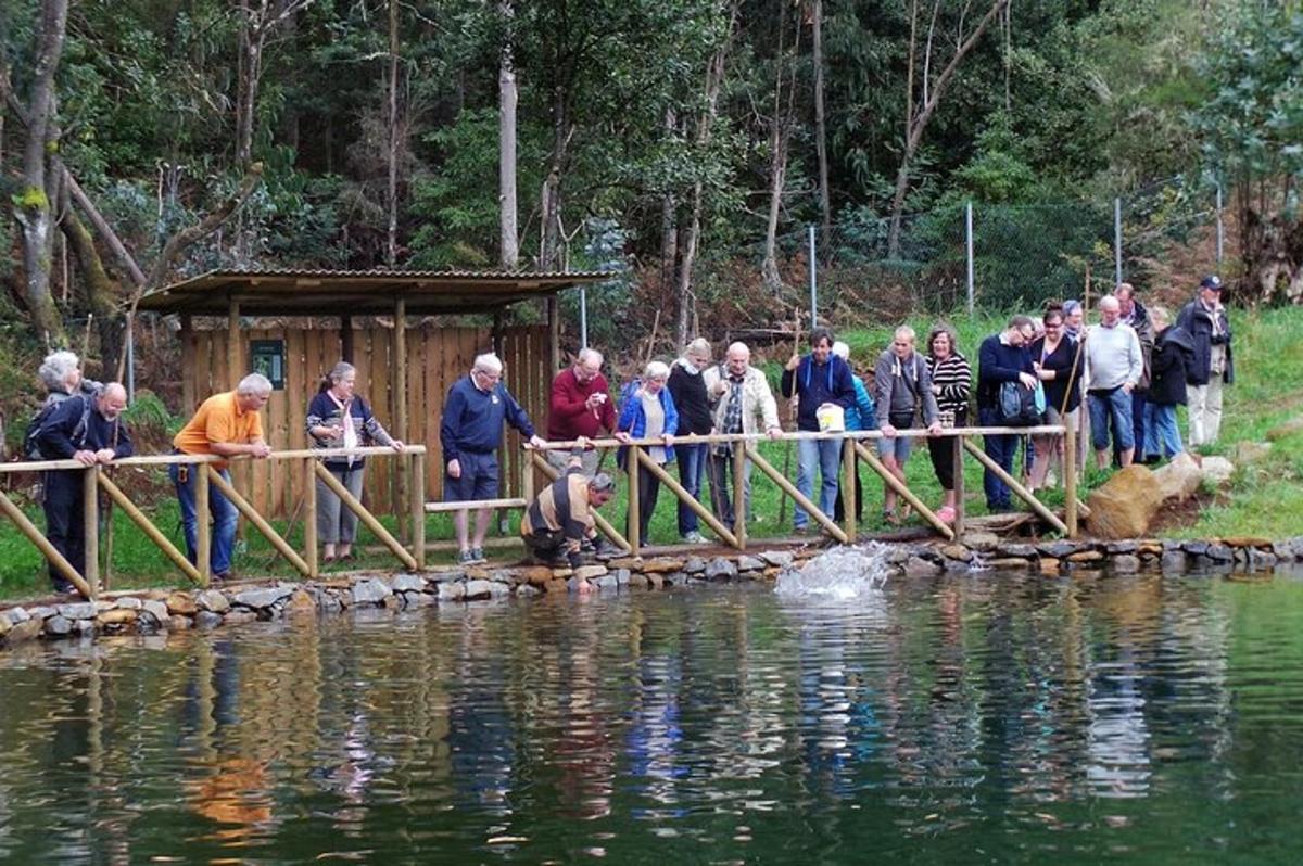 a group of people standing on a bridge over a body of water