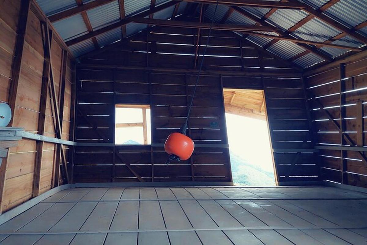 an inside view of a room with a red balloon