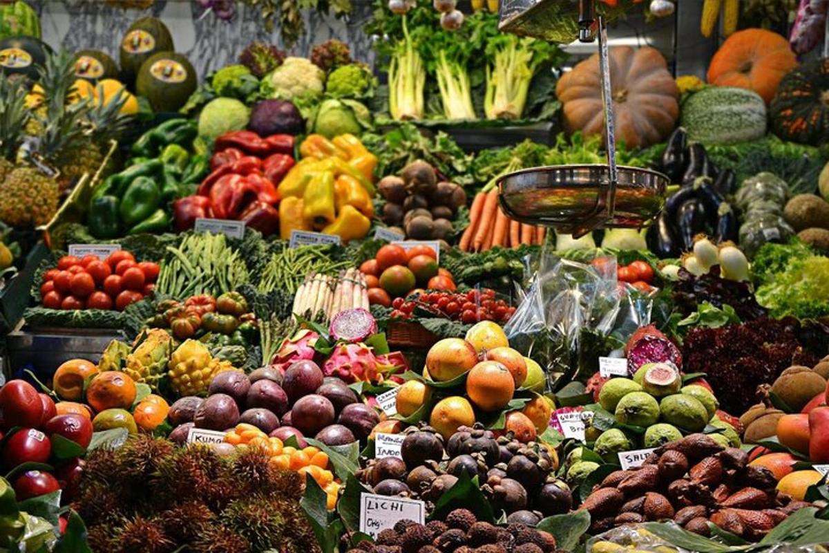 a display of fruits and vegetables in a market