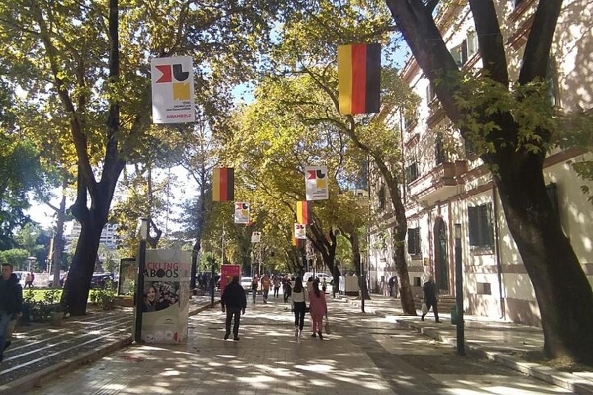 skupina lidí jdoucích po ulici se stromy