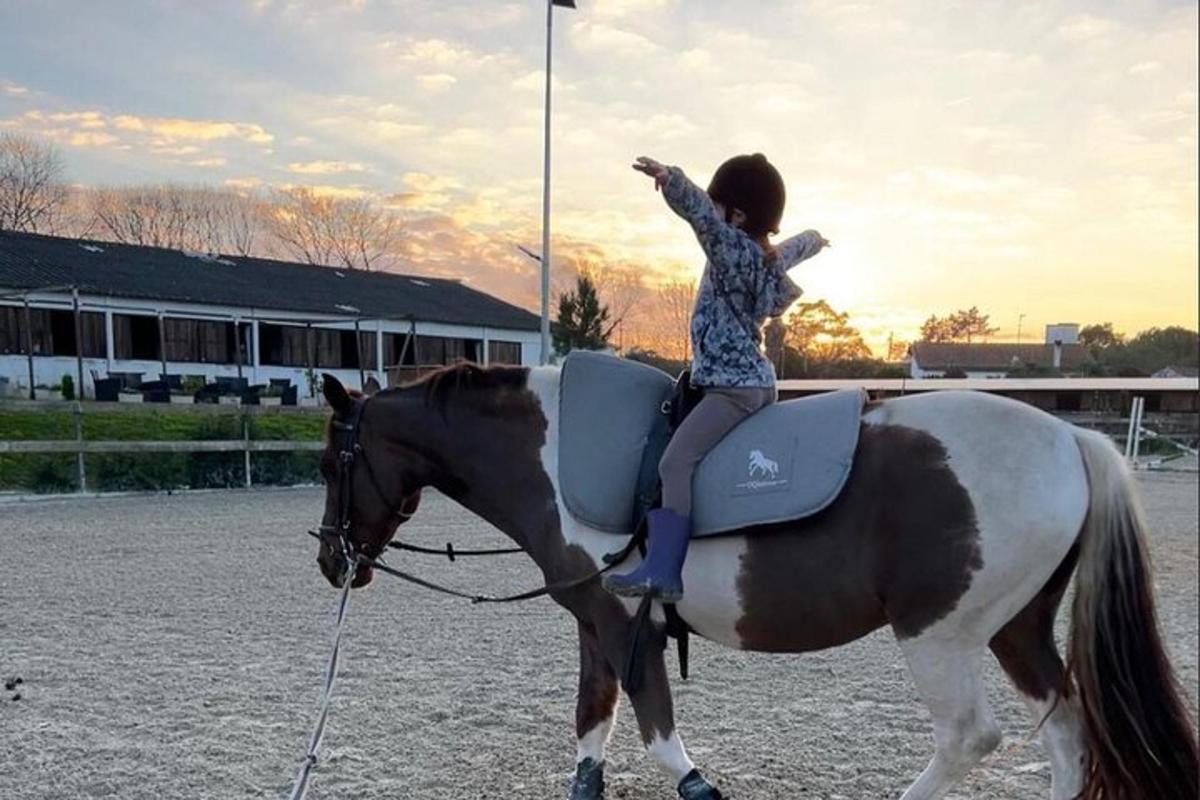 una giovane ragazza sta cavalcando un cavallo