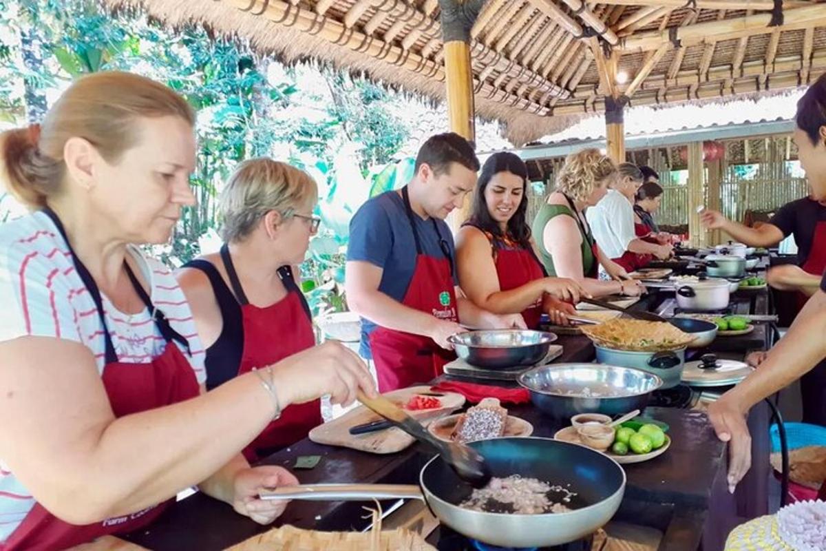 a group of people preparing food at a buffet