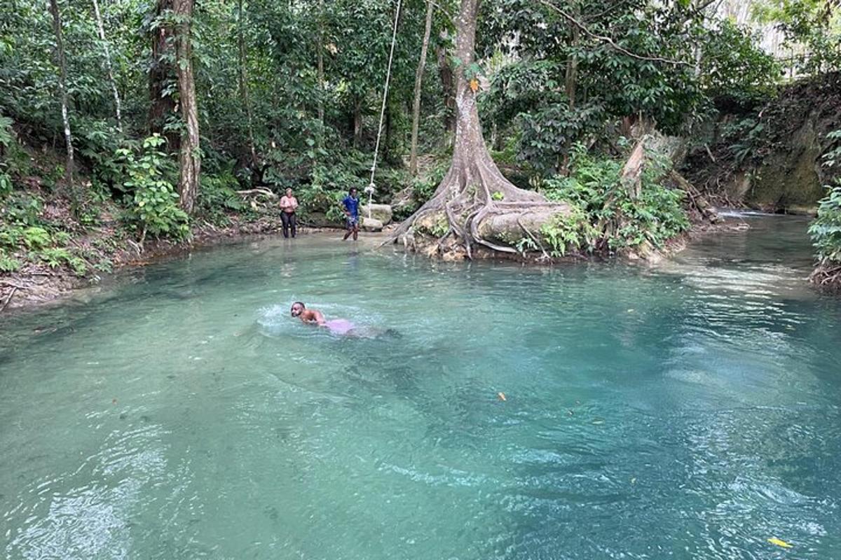 seseorang yang berenang di sungai di dalam hutan