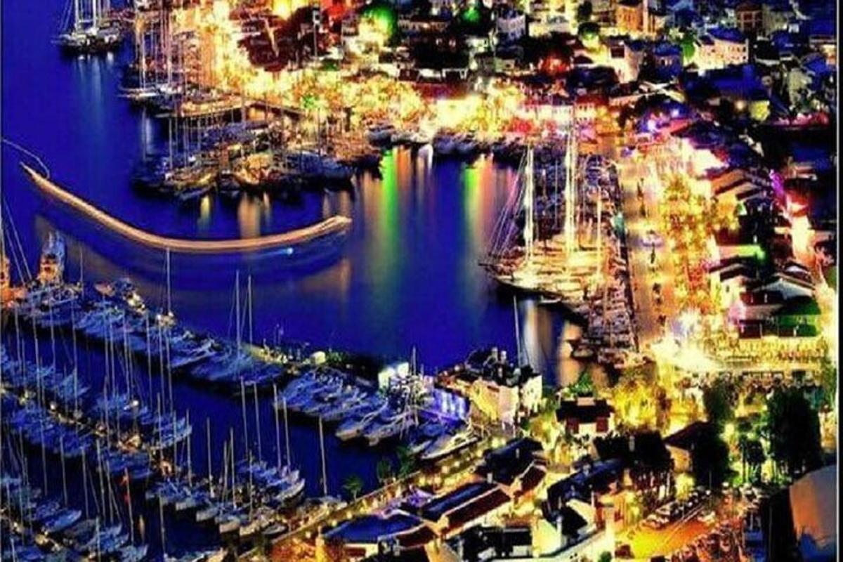una vista di un porto turistico di notte con molte barche