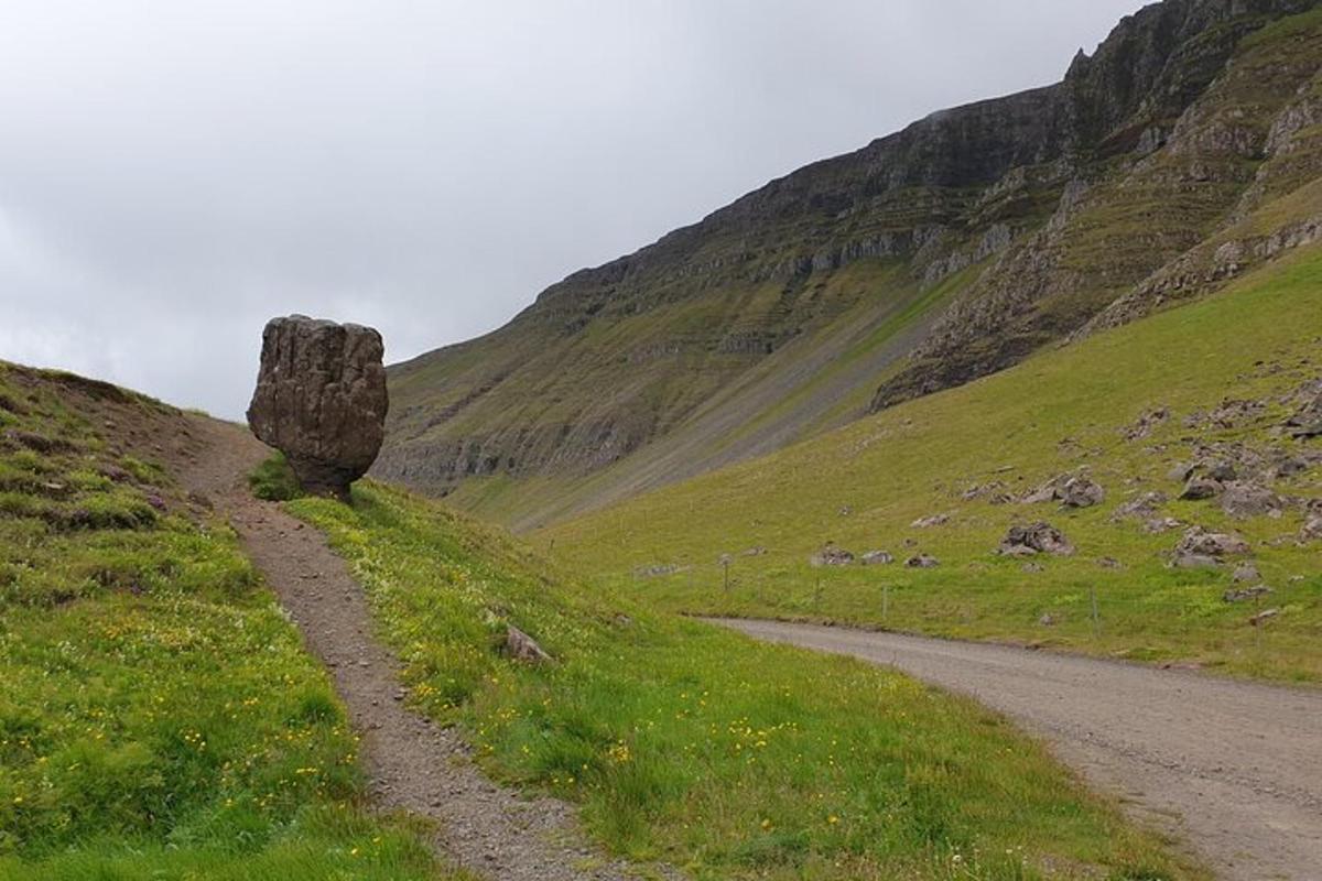 a dirt road on a grassy hill with a large rock