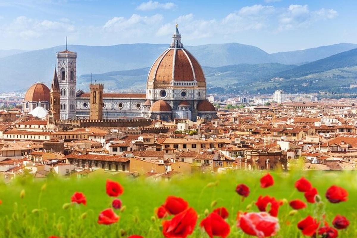 uma vista de uma cidade com flores vermelhas em primeiro plano