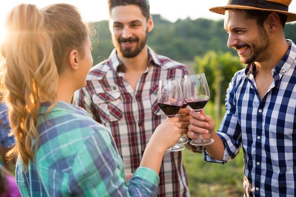 um grupo de três pessoas segurando taças de vinho