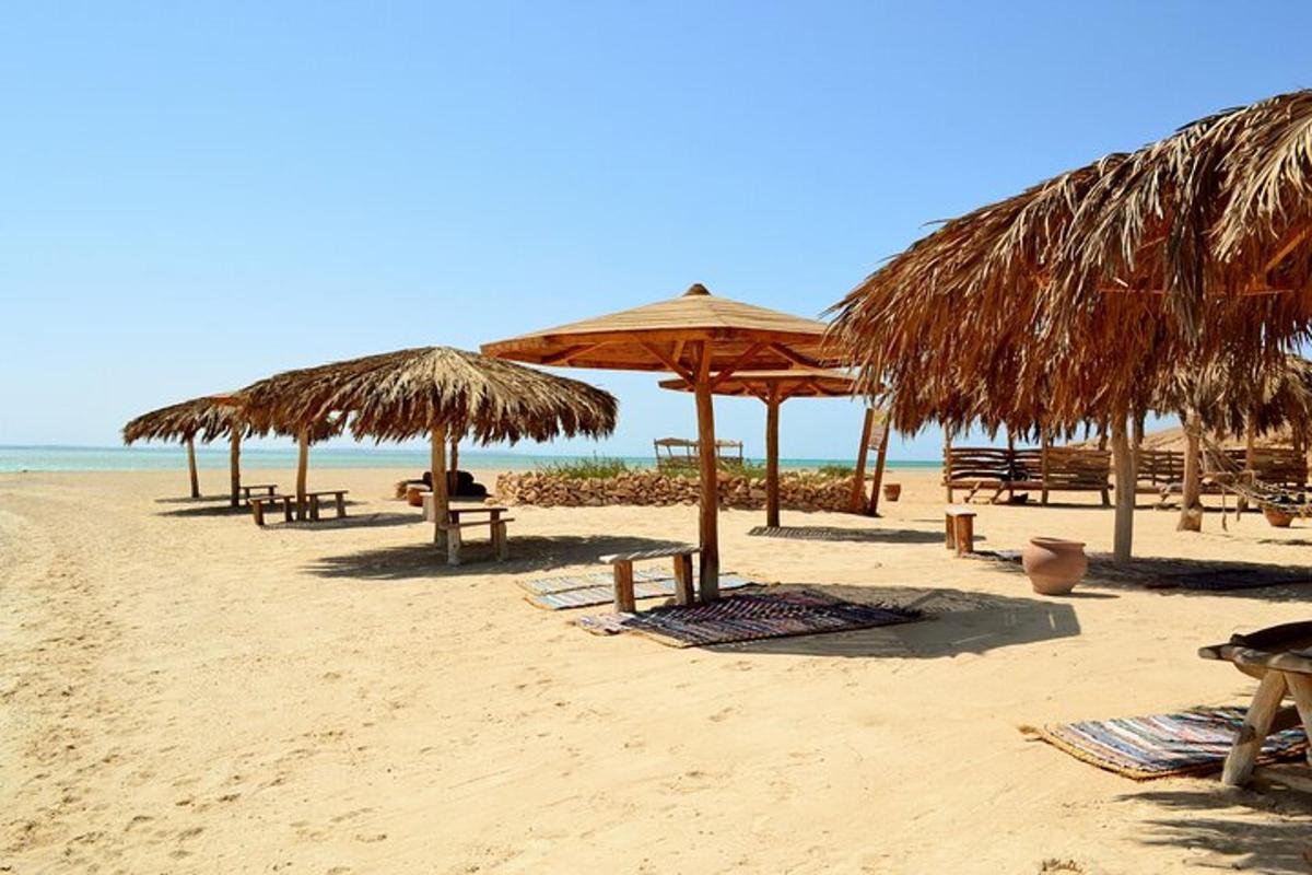 شاطئ مع طاولات ومظلات وكراسي من القش