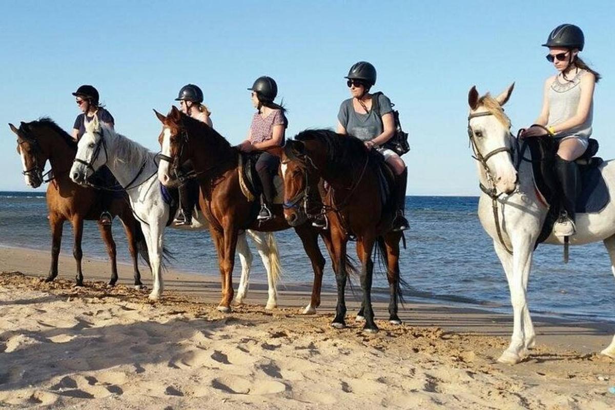 a group of people riding horses on the beach