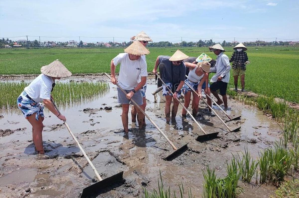 Un grupo de personas de pie en un campo de arroz con palos.