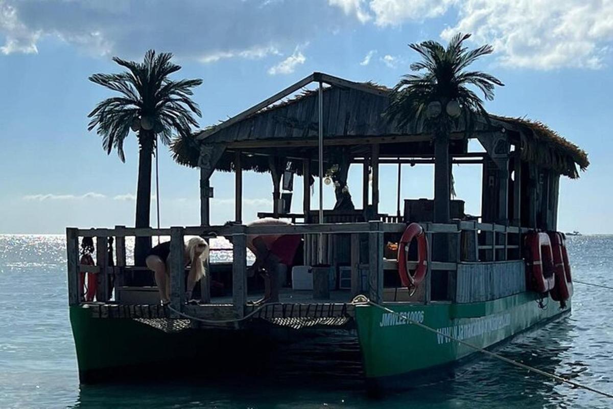 ein grünes Boot im Wasser mit Palmen