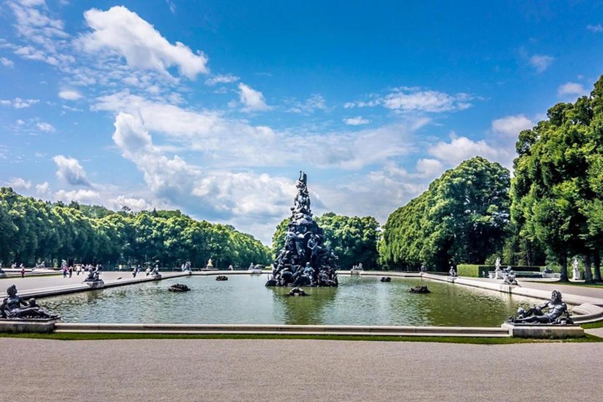 una fontana in un parco con un albero nell'acqua