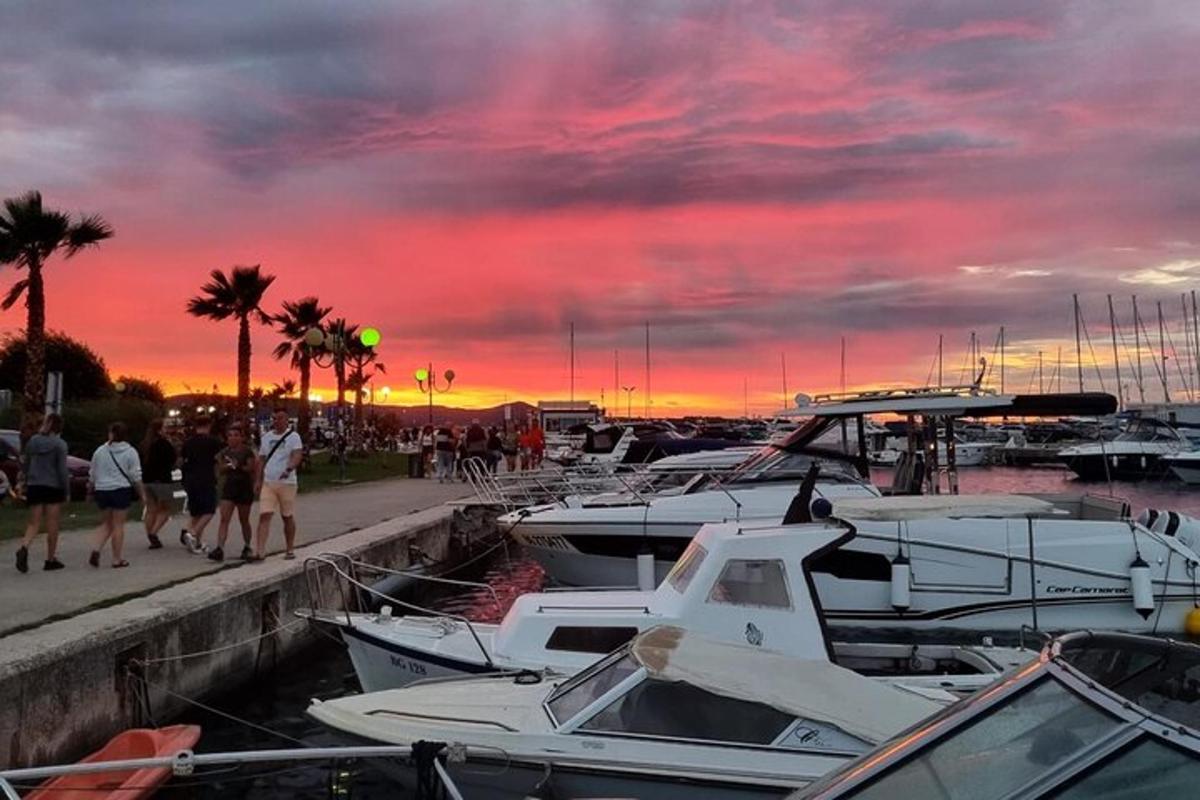 um grupo de barcos atracados em uma marina ao pôr do sol