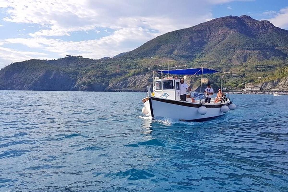 a boat in the water with a mountain in the background