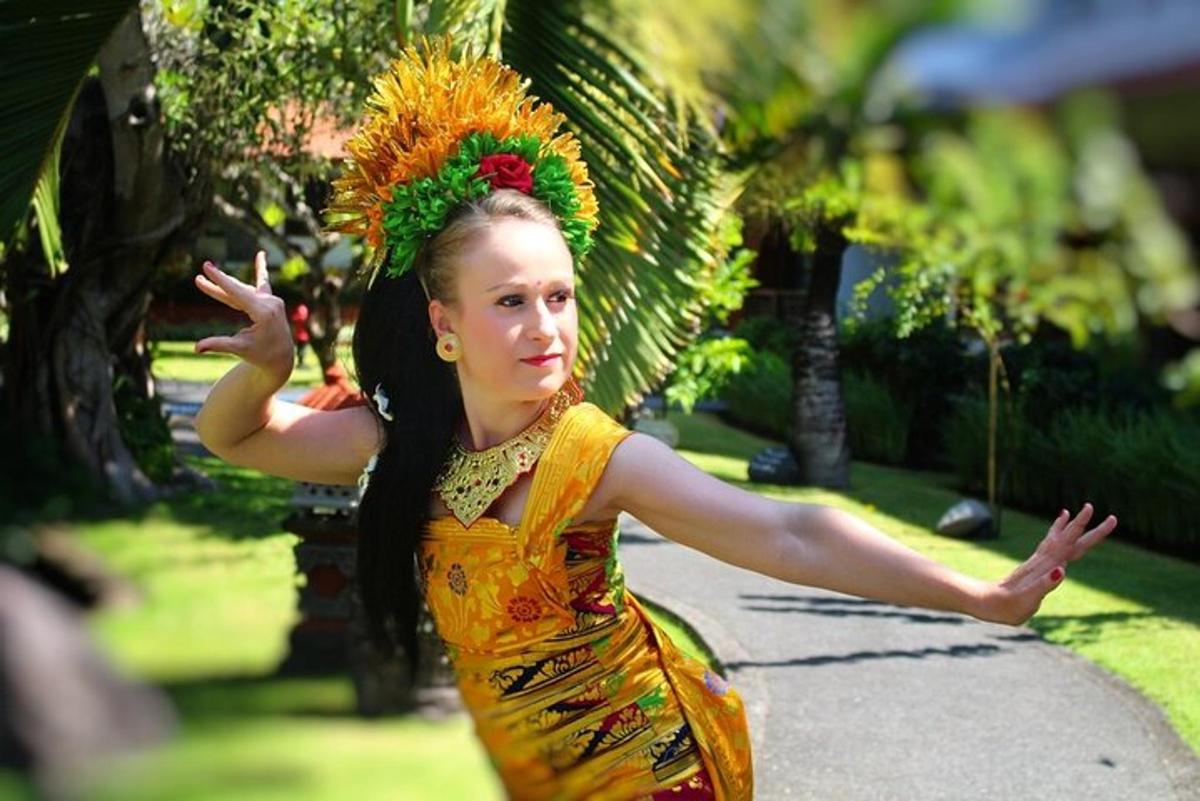 a woman in an orange dress with a pineapple headdress