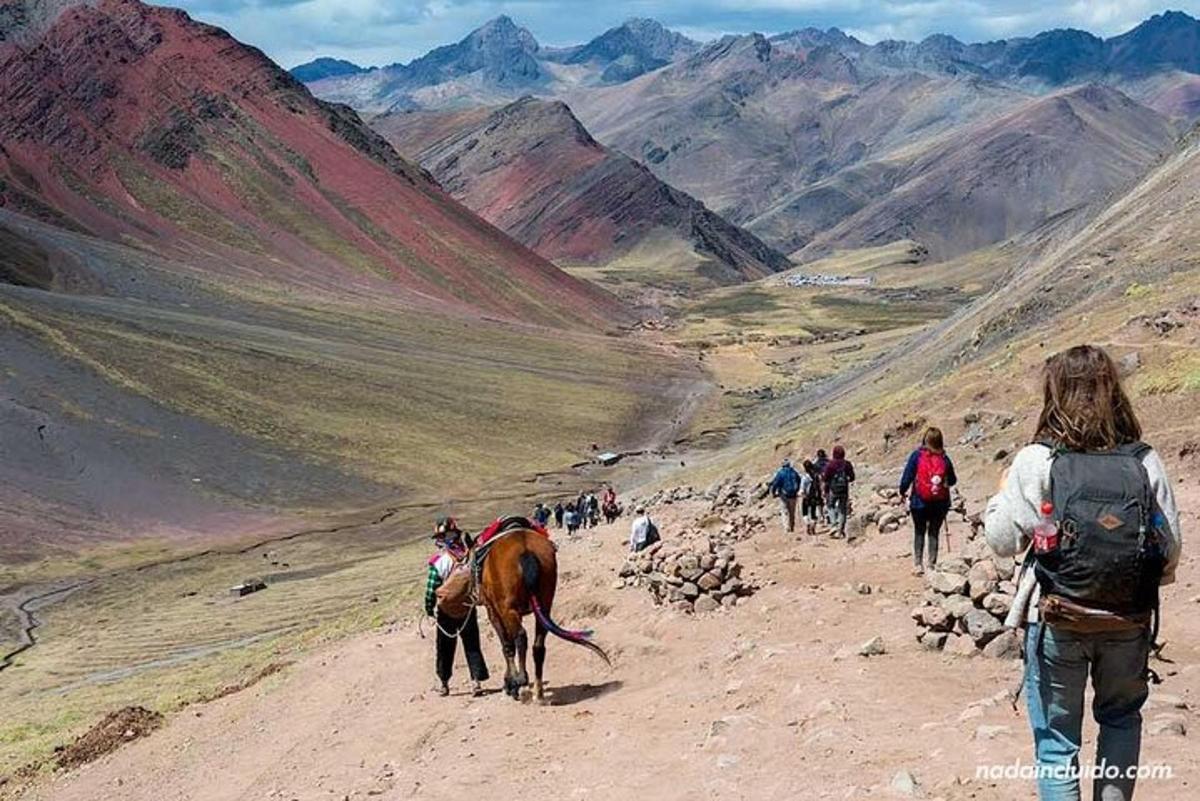 مجموعة من الأشخاص يصعدون الجبل مع حصان