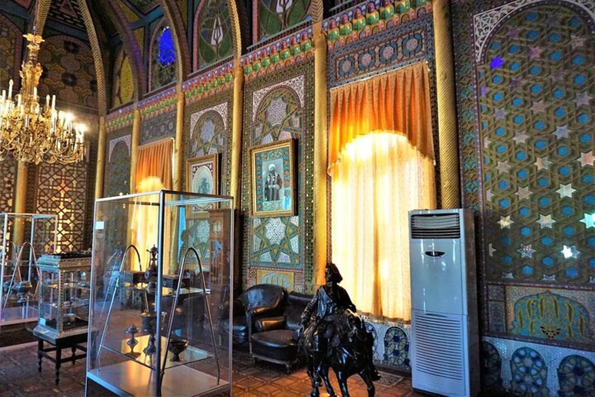 a room with a glass case and a horse in it