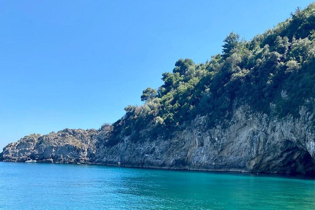 a view of a large body of water with a mountain