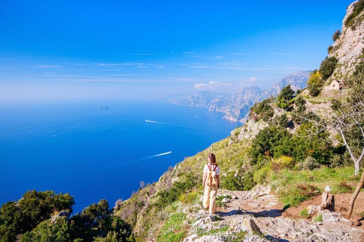 a woman standing on a mountain looking at the ocean