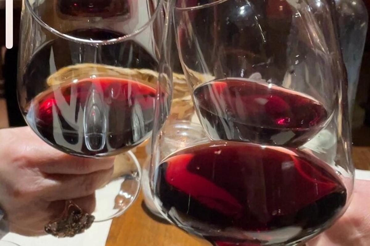 una persona sosteniendo dos copas de vino tinto