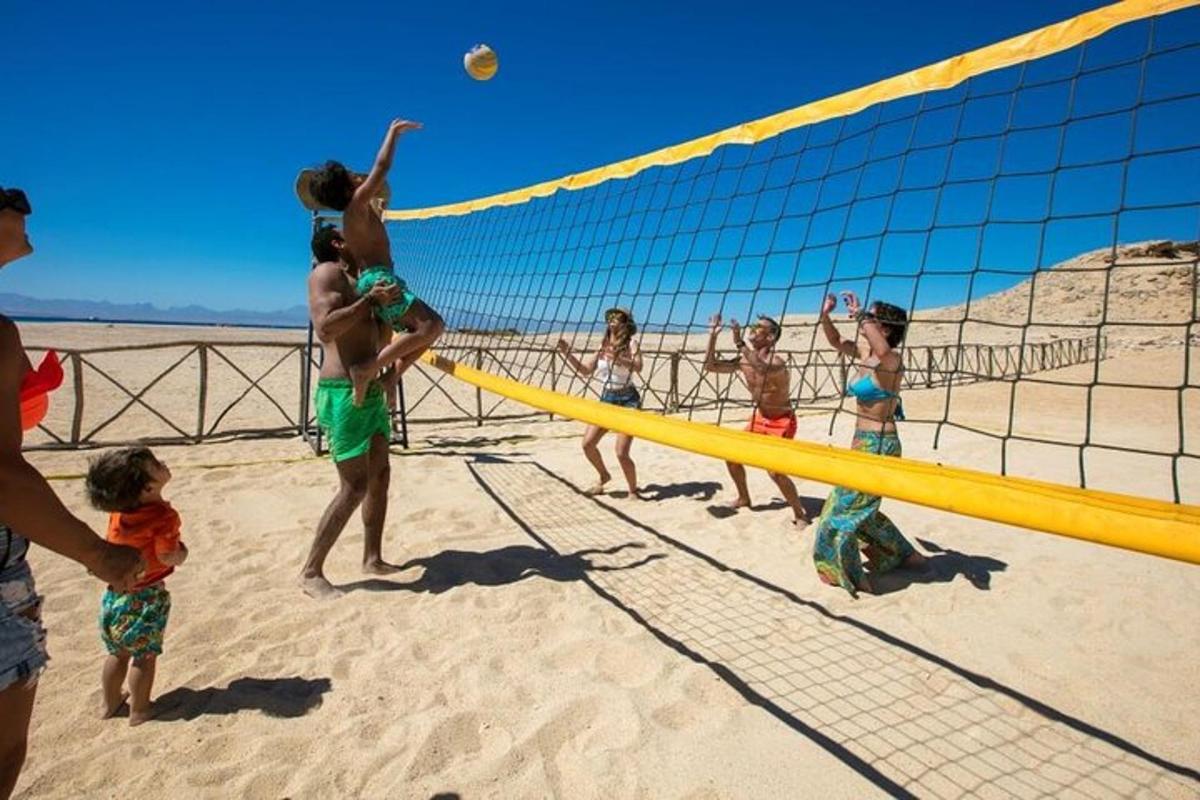 um grupo de pessoas jogando vôlei na praia