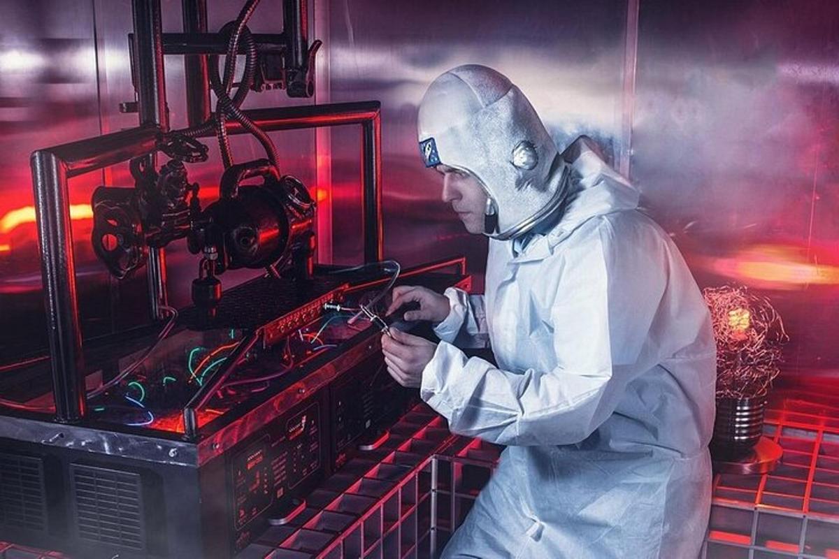 muž v laboratoři pracující na stroji