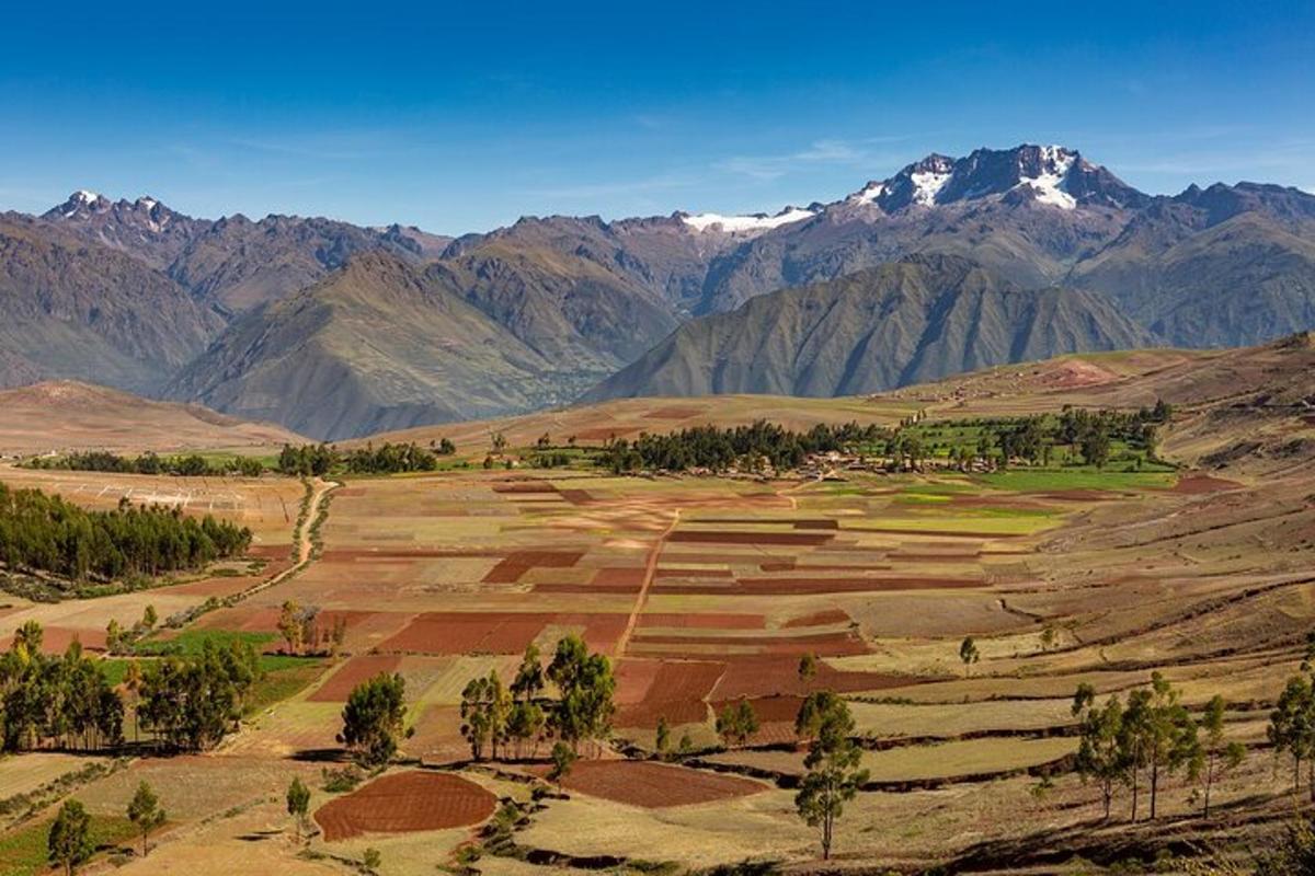 Una vista aérea de un campo con montañas al fondo.